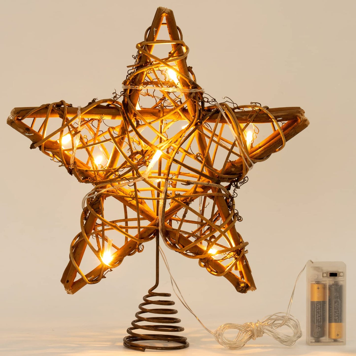 Christmas Tree Topper Star, Indoor Rattan Natural Star Treetop with 10 LED Light, Xmas Star Tree Topper Lighted for Christmas Tree Decorations