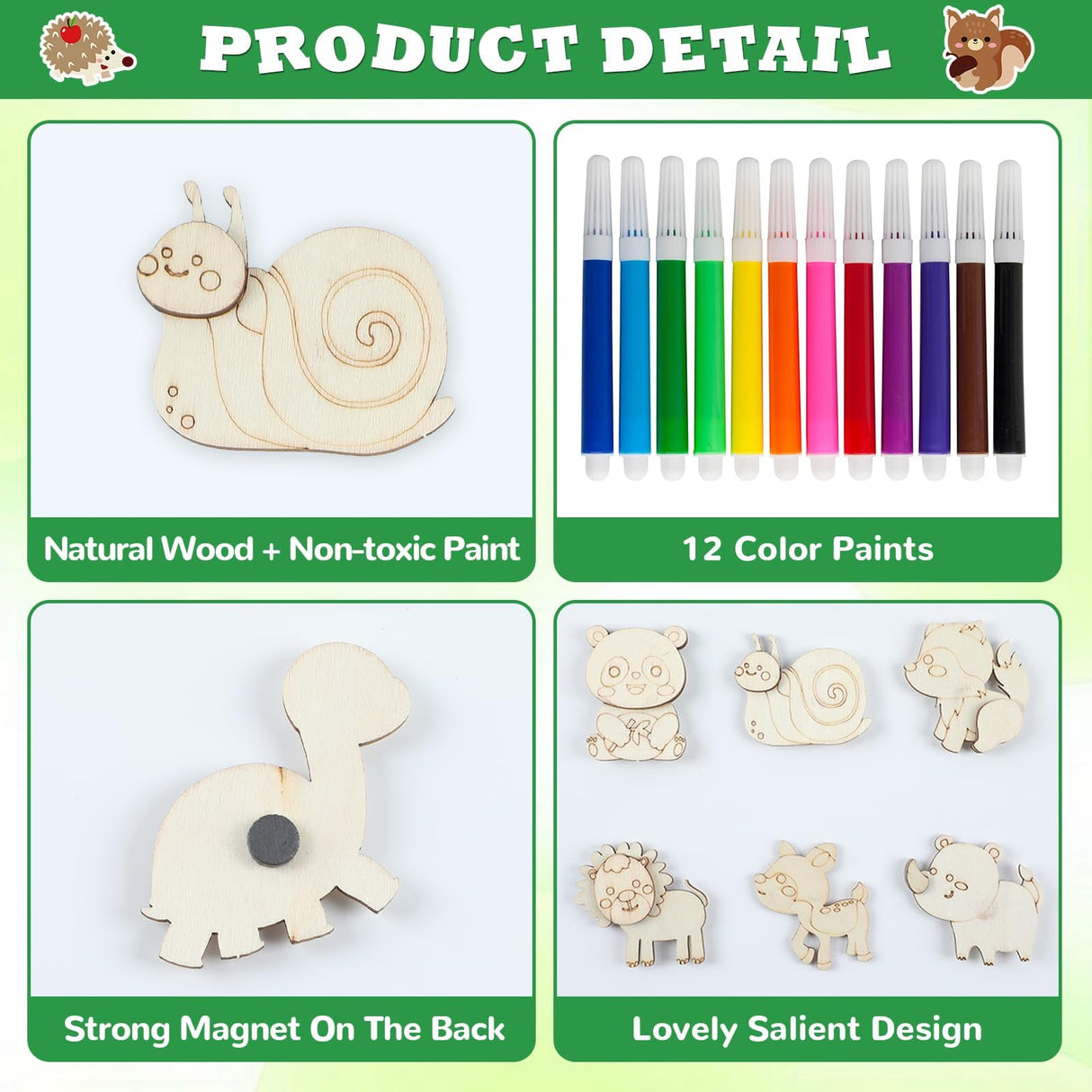 gisgfim 36Pcs Wooden Magnet Painting Craft Kit DIY Wooden Magnets Coloring Arts Crafts for Kids Ages 4-8 8-12 for Birthday Party Gifts Toys Jungle Animal Creativity Supplies Party Favors gisgfim