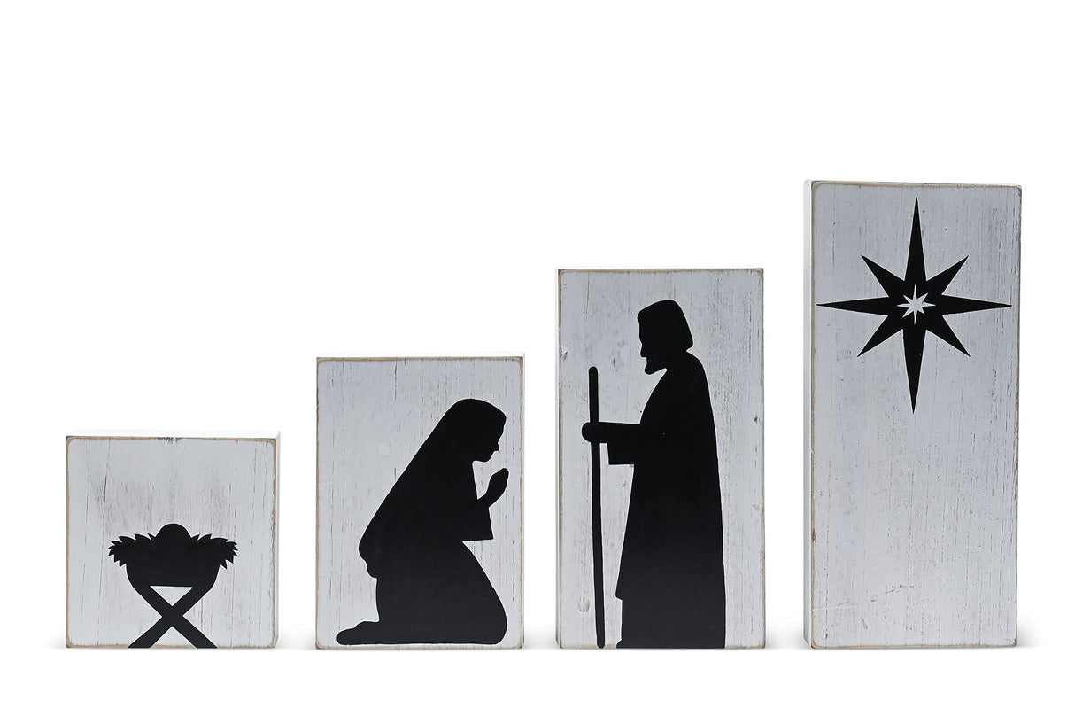 Ornativity Wooden Block Nativity Scene - Black Xmas Silhouette Christmas Figures on White Painted Wood Blocks Indoor Nativity Table Top Shelf Sitter Mantle Centerpiece Set Decorations - 1 set Ornativity