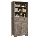 71"H Farmhouse Tall Storage Cabinet, Kitchen Pantry Cabinet with Barn Doors and Adjustable Shelves, Floor Standing Bookshelf 5 Tier Bookcase for Living Room, Kitchen, Basement,Bathroom, Grey FiveWillowise