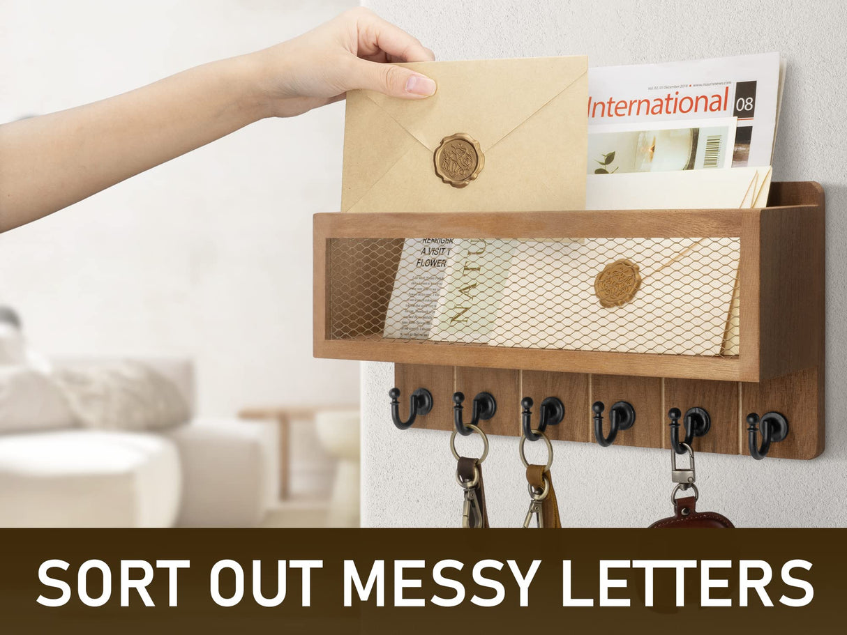 Rebee Vision Farmhouse Key Holder for Wall with Mail Storage Basket : Decorative Wall Mount Organizer with 6 Sturdy Wall Hooks and Wooden Key Rack - Rustic Home Decor (Retro Brown) Rebee Vision