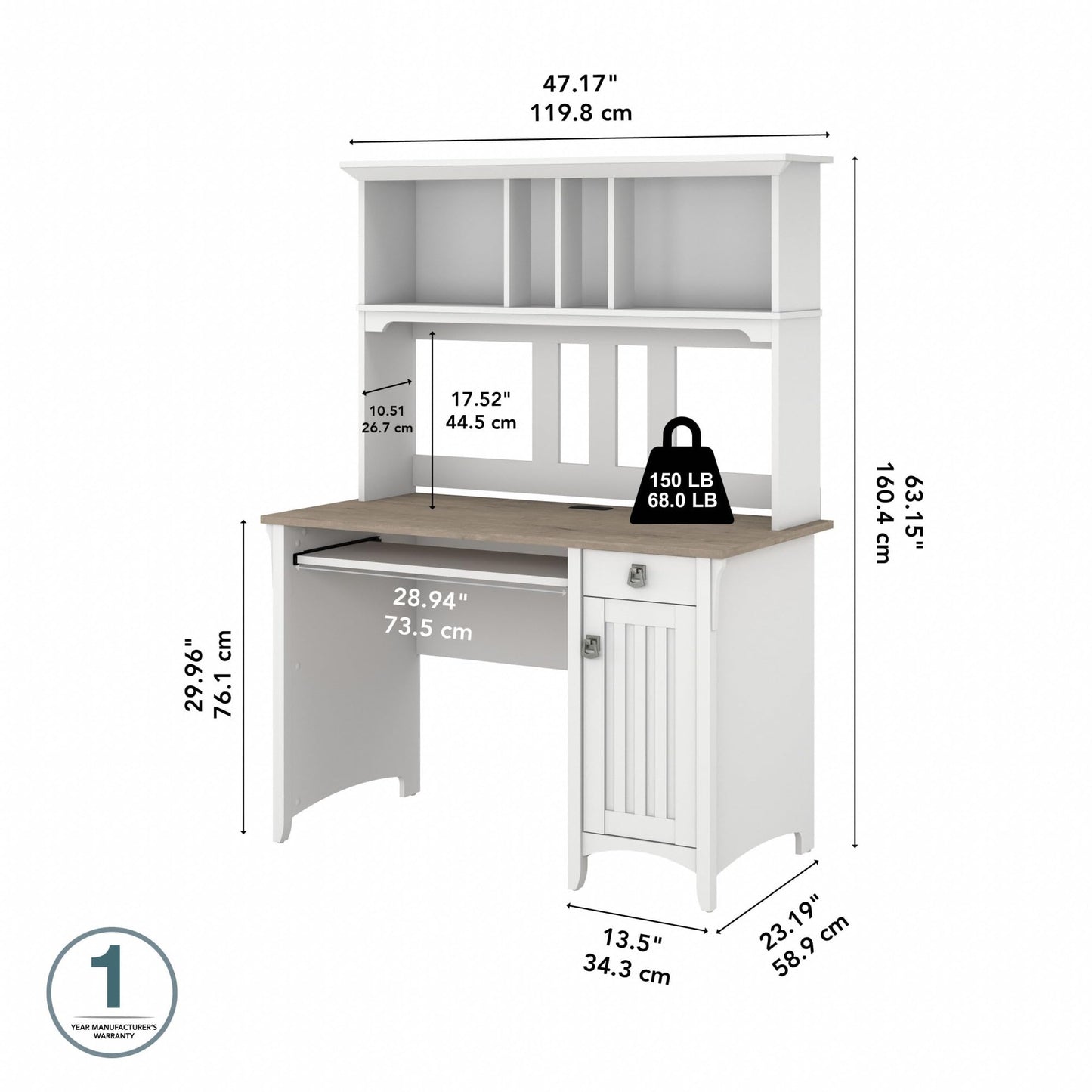 Bush Furniture Salinas Computer Desk with Hutch | Study Table with Drawers, Cabinets & Pullout Keyboard/Laptop Tray | Modern Home Office Desk in Pure White and Shiplap Gray | Work Desk with S - WoodArtSupply