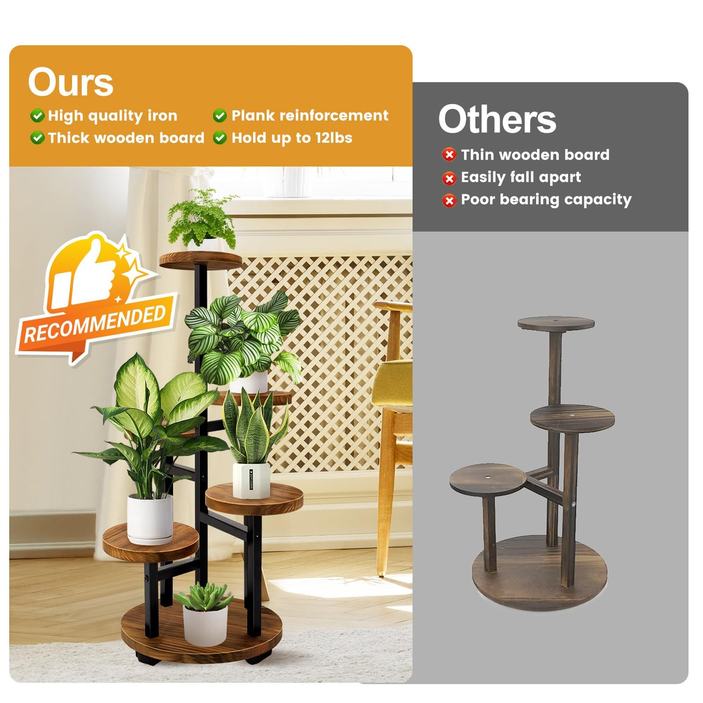 GEEBOBO 5 Tier Plant Stand With 4 Wheels, Metal Wood Tall Plant Stands For Indoor Plants Multiple, Corner Tiered Flower Plants Shelf Stand for Living Room Bedroom, Brown