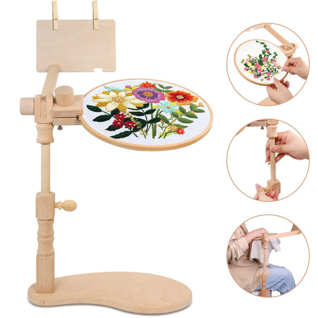 Embroidery Hoop Stand, 360° Adjustable Sitting Cross Stitch Stand, Easy to Use Wooden Embroidery Hoop Holder, Cross Stitch Stand for Art Craft Sewing Projects guofa