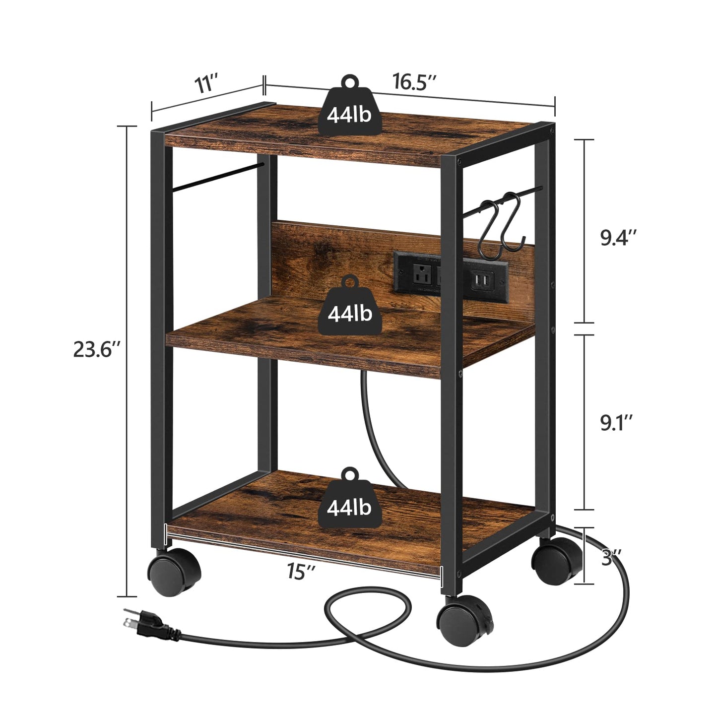 MAHANCRIS Industrial Printer Cart, 3-Tier Mobile Printer Stand, Rolling Cart with Power Outlets and USB Ports, Home Printer Stand with 2 Hooks, for Office, Living Room, Rustic Brown PTHR40E01Z