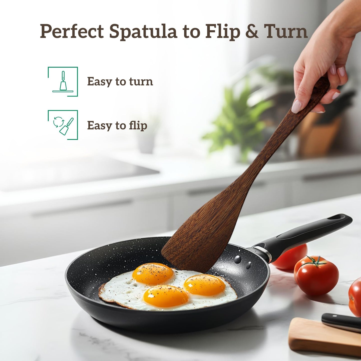 Wooden Spatula for Cooking, Long Handle, Wooden Spoons Set of 2 for Nonstick Pans & Cookware, Wooden Utensil Set, Wood Flipper for Pan and Wok, Wood Scraper, Spatula for Flipping, Serving & Scraping