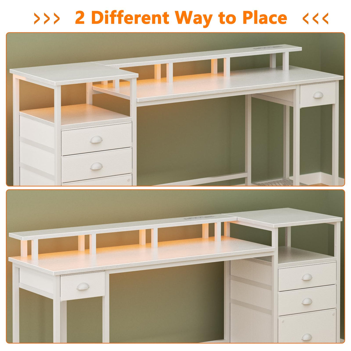 Furologee White Computer Desk with 4 Drawers, 60" Long Office Desk with Fabric File Cabinet and Power Outlets, Gaming Desk with LED Lights, Study Writing Work Desk with Shelf for Home Office Furologee