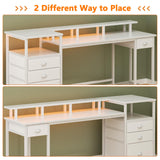 Furologee White Computer Desk with 4 Drawers, 60" Long Office Desk with Fabric File Cabinet and Power Outlets, Gaming Desk with LED Lights, Study Writing Work Desk with Shelf for Home Office Furologee