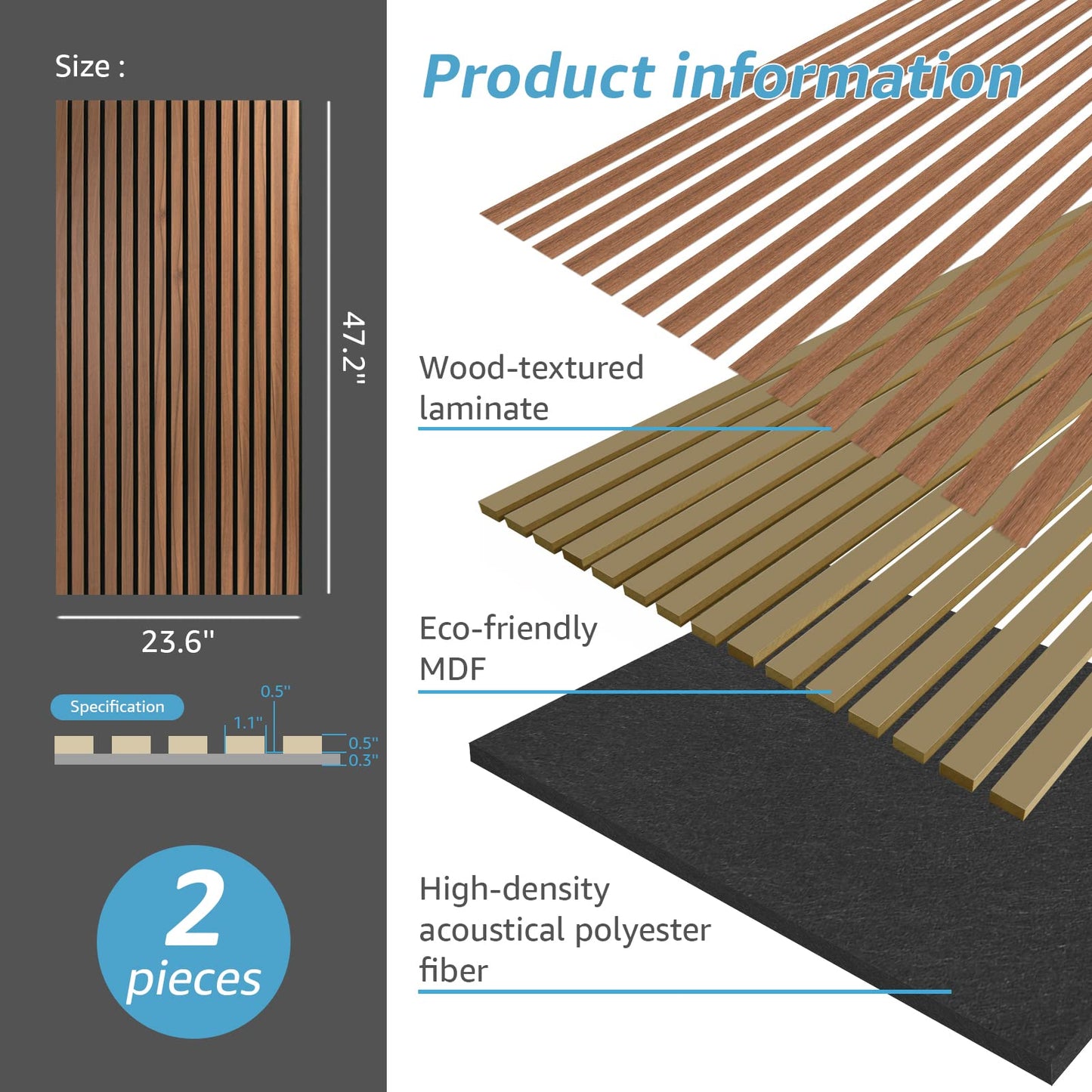 Art3d 2 Wood Slat Acoustic Panels for Wall and Ceiling - 3D Fluted Sound Absorbing Panel with Wood Finish - Walnut