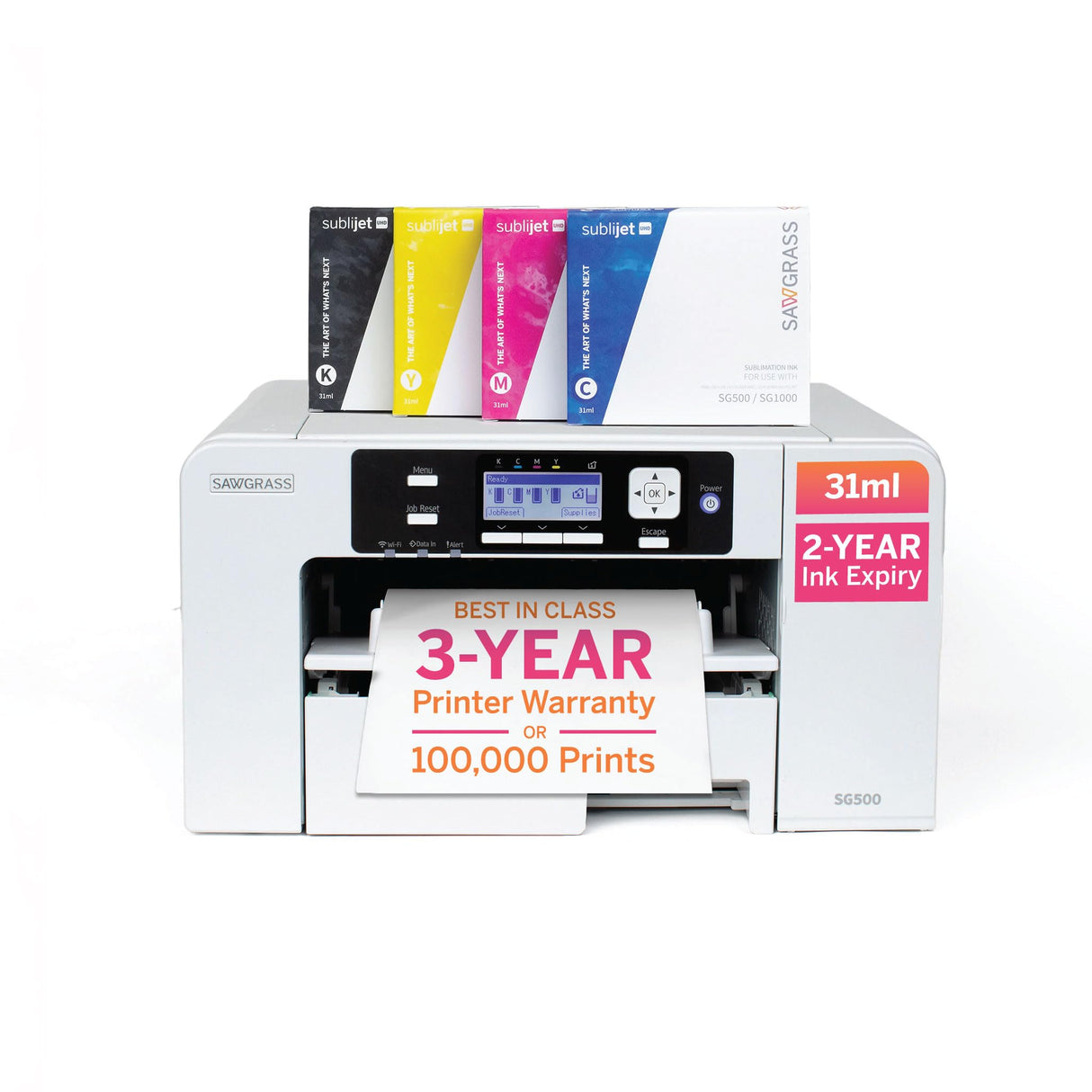 Sawgrass SG500 Sublimation Printer Bundle | Includes Professional Dye-Sublimation Printer with 31mL SubliJet UHD Inks & TruePix Sublimation Paper | Wi-Fi Connectivity | Create Custom Designs Sawgrass