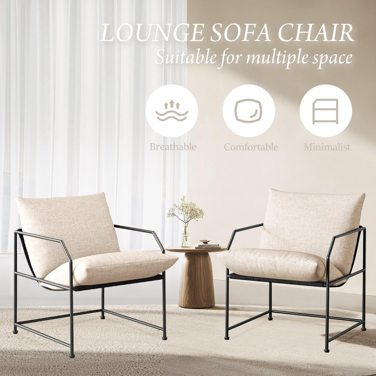 Accent Chair Living Room Chairs Accent Chairs Set of 2 Comfy Reading Chair for Bedroom Upholstered Lounge Chair Mid Century Modern Arm Chair Side Sofa Chair Armchair Waiting Room Chairs(Cream, 2) YEEFY