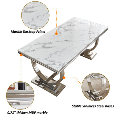 70'' Marble Dining Table for 8 People, Rectangle Faux Marble Dining Table with Silver Mirrored Finish Stainless Steel Base, Modern Marble Kitchen Table for Living Room Home Office - WoodArtSupply