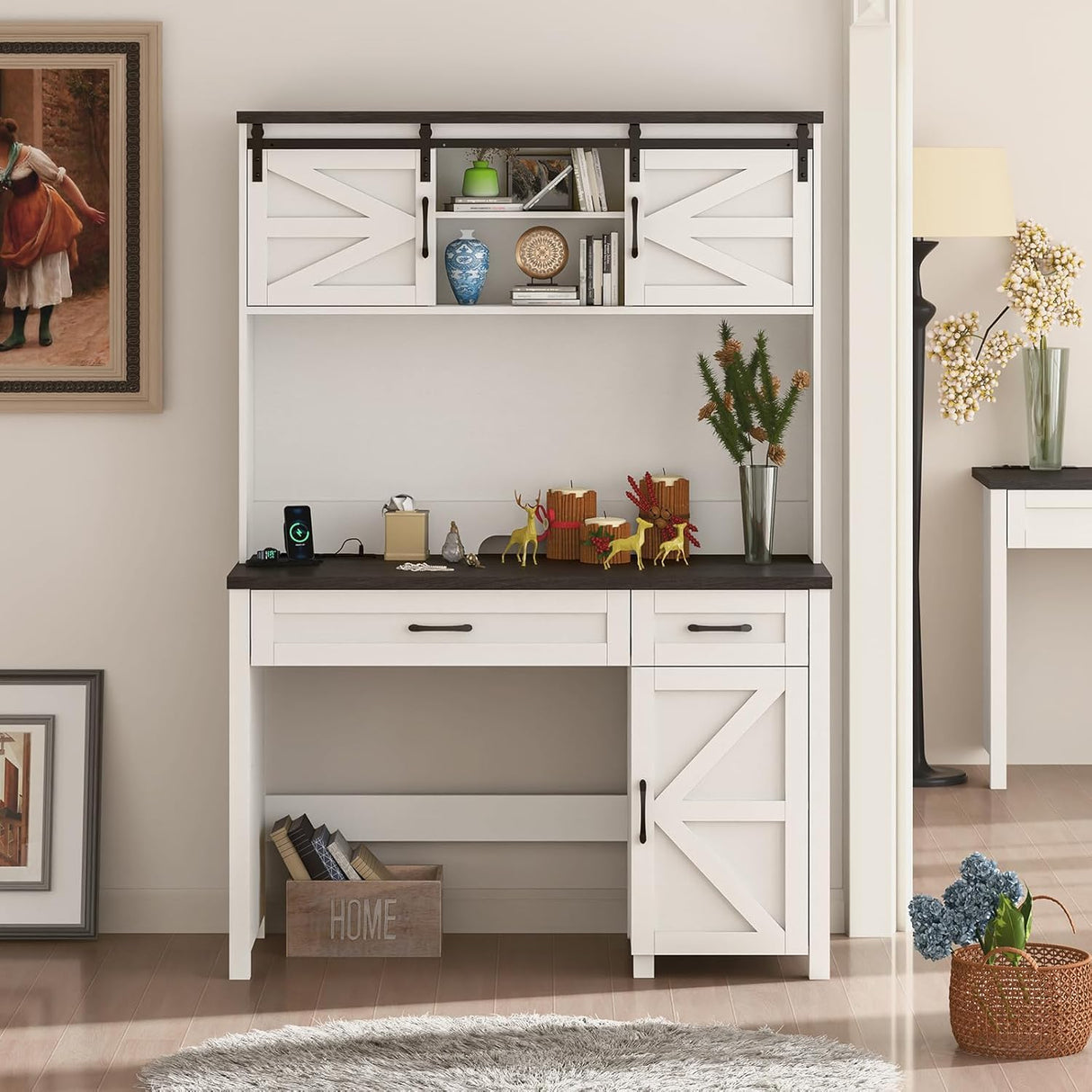 Befrases Farmhouse 47" Executive Desk, Computer Desk with 2 Drawers and Storage Cabinet, Home Office Table with Hutch, Charging Hub, Workspace for Work and Study. Befrases