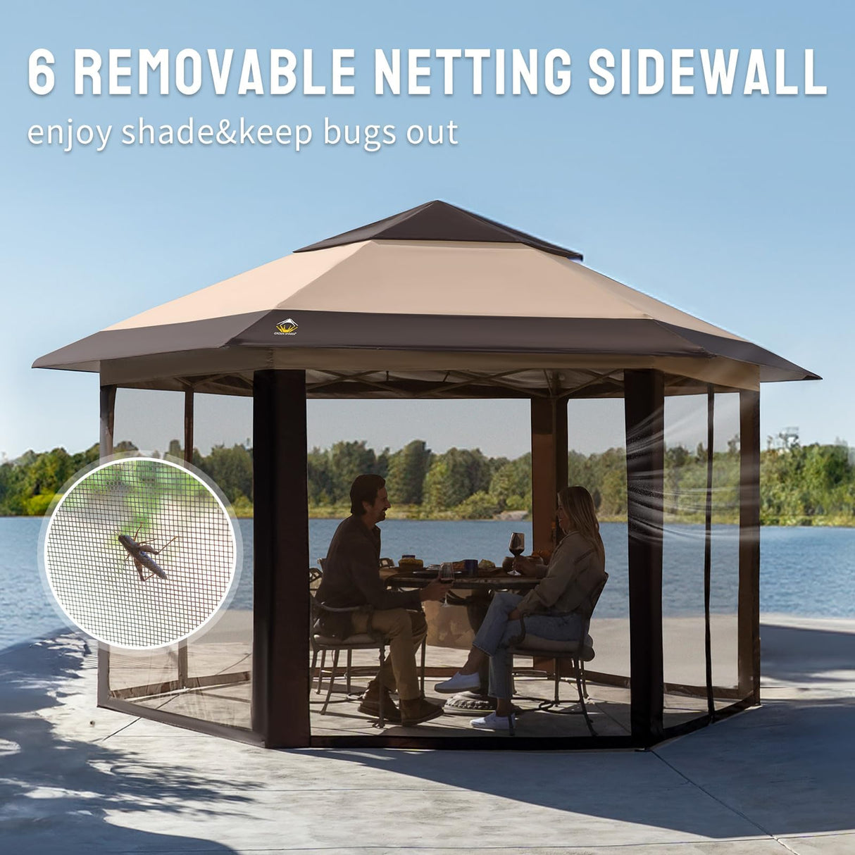 CROWN SHADES 12x12 Pop up Gazebo with Mosquito Nettings, Patented Center Lock 6-Sided Portable Gazebo, 300D Silver-Coated Fabric UV Resistant, Pop Up Canopy Tent for Patio, Party, Beige&Coffee CROWN SHADES