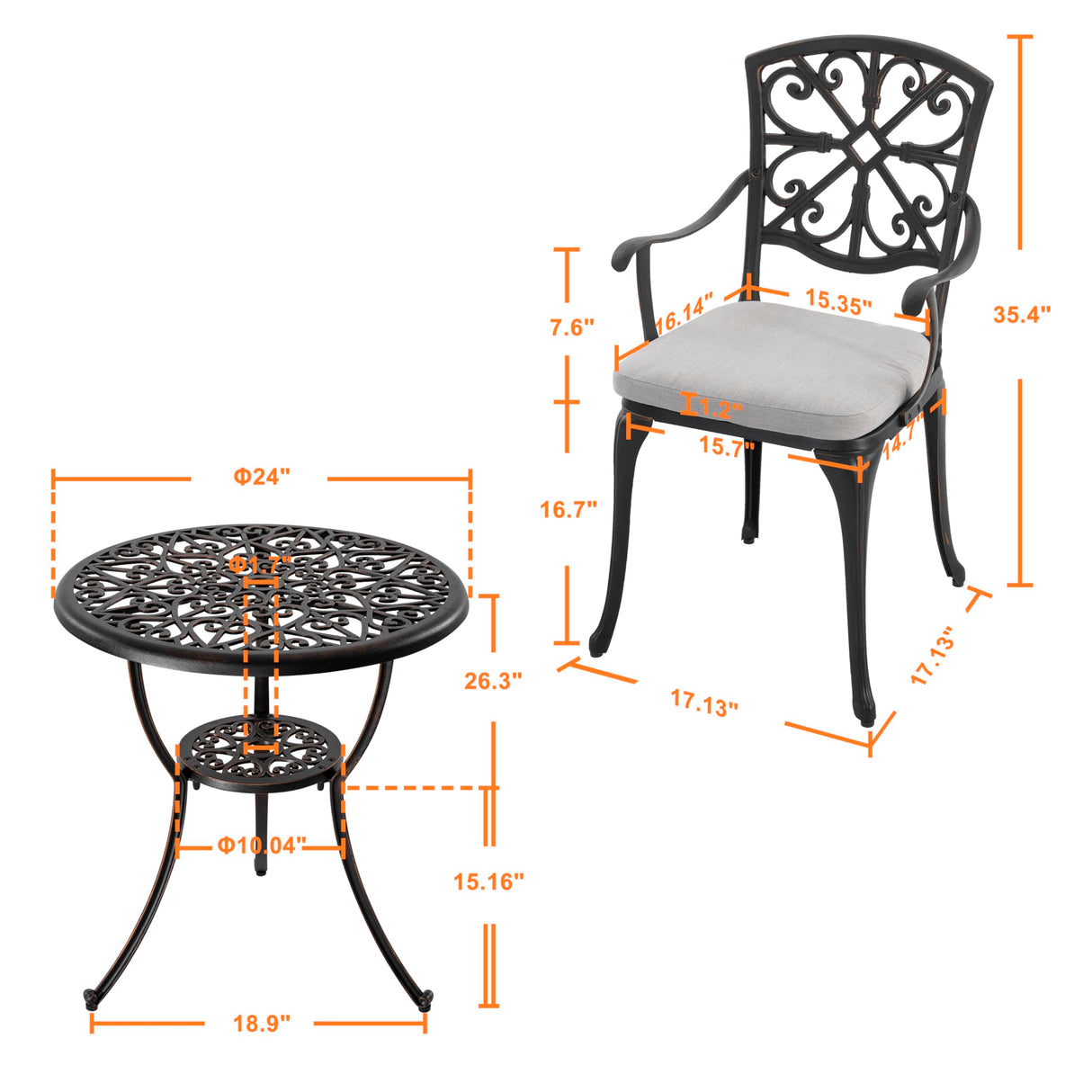 NUU GARDEN Bistro Set 3 Piece Outdoor All Weather Cast Aluminum Patio Bistro Set Patio Table and Chairs Set of 2 with Umbrella Hole and Grey Cushions for Backyard, Balcony, Lawn, Black NUU GARDEN