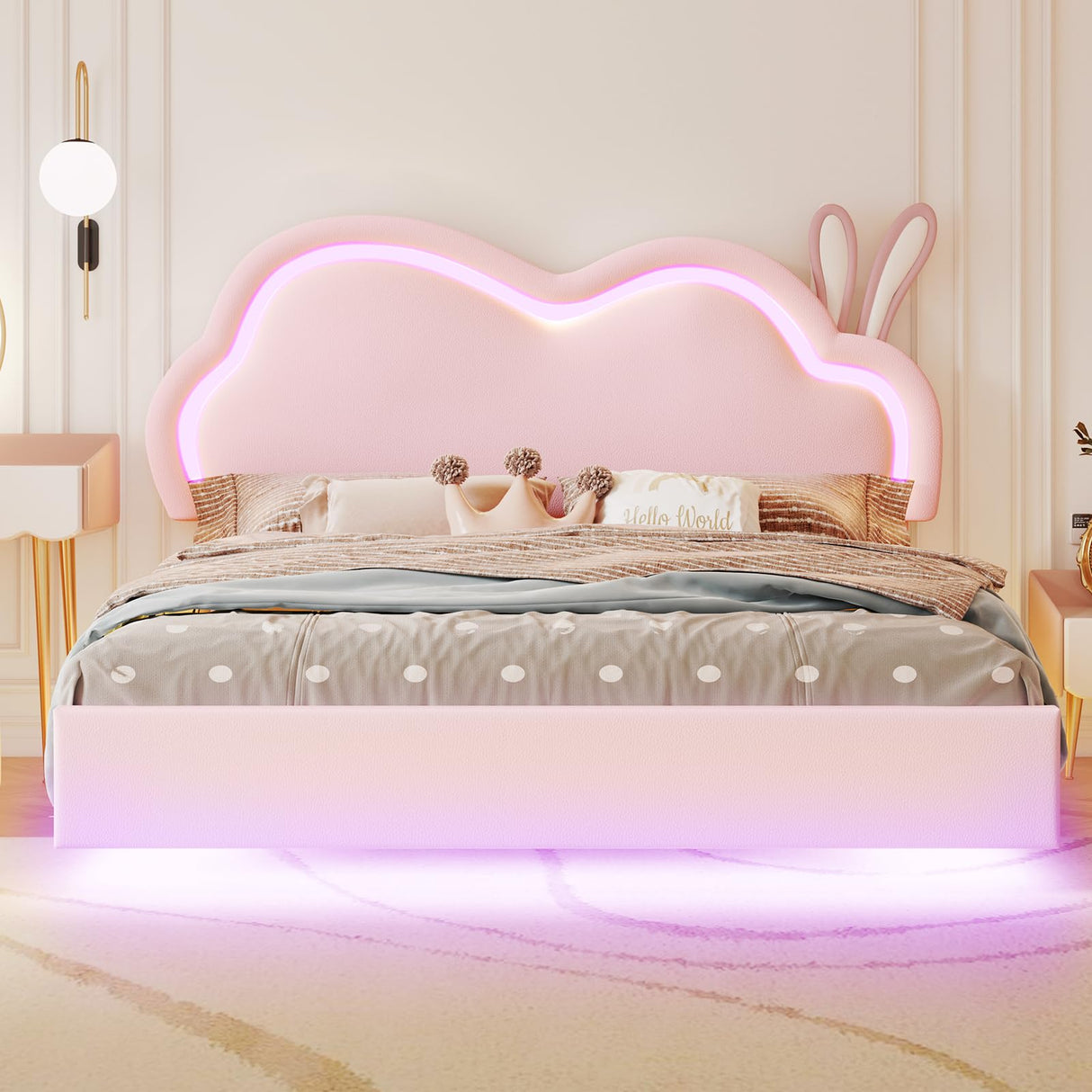 Jocisland LED Full Bed Frame for Girls Upholstered Floating Bed with Cute Cloud Headboard, No Box Spring Needed, Leather, Pink Jocisland
