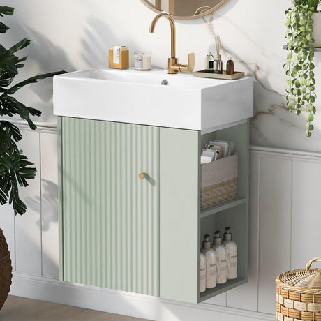 22 Inch Floating Bathroom Vanity With Sink, Wall Mounted Bathroom Vanity Cabinet With Ceramic Sink, Small Bathroom Sink Cabinet With Right Side Storage, Modern Single Sink Bathroom Vanity, Green BNSPLY