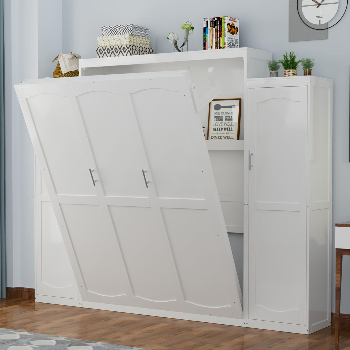 Full Size Murphy Bed Wall Cabinet with 2 Wardrobe and Storage Shelf, Wooden Murphy Cube Wall Bed, Space Saving Pull Out Hidden Bedframe for Guest Room, Apartment, White VYNELITO