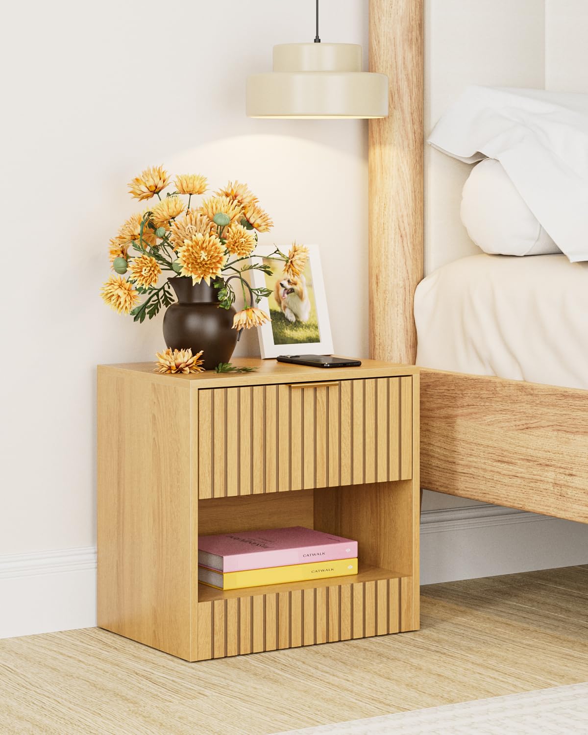 Apetaccat Small Nightstand, Modern Night Stand, Bedside Table with Drawer and Open Shelf, Cube Design, Small Side Table for Bedroom, Living Room, Oak Apetaccat