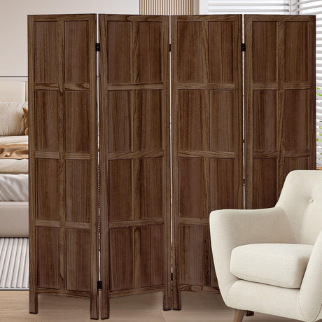 Leesinwing 4 Panel Room Divider, 5.6Ft Tung Wood Room Divider, Vintage Minimalist Room Dividers Wall, Room Dividers and Folding Privacy Screens, Partition Room Dividers for Bedroom, Dark Brown Leesinwing