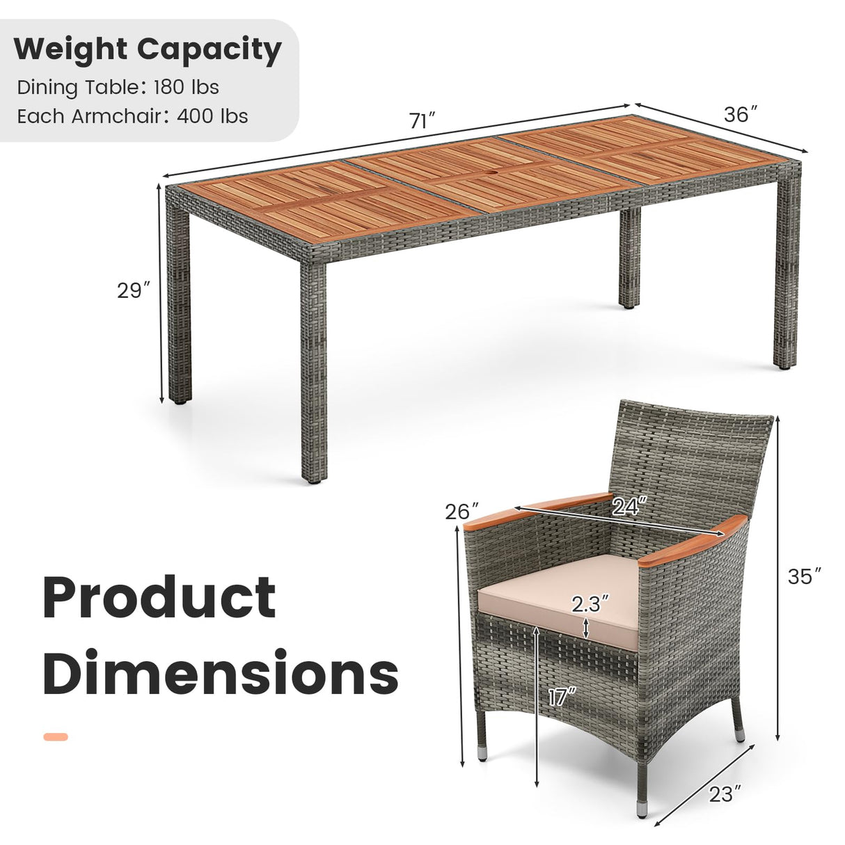 Tangkula 9 Pieces Patio Dining Set, Garden Acacia Wood and Wicker Furniture Set with 1 Rectangular Table & 8 Chairs with Cushions, Outdoor Rattan Dining Set for Patio, Yard, Poolside Tangkula