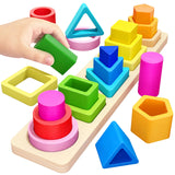 PEBIRA Montessori Toys for 1 2 3 Year Old Boys Girls Toddlers, Heightened Peg-free Wooden Stacking Toys, Shape Sorter Learning Toys, Birthday Gift for Baby Kid Age 1-4 Preschool Toy, Various Game Play PEBIRA