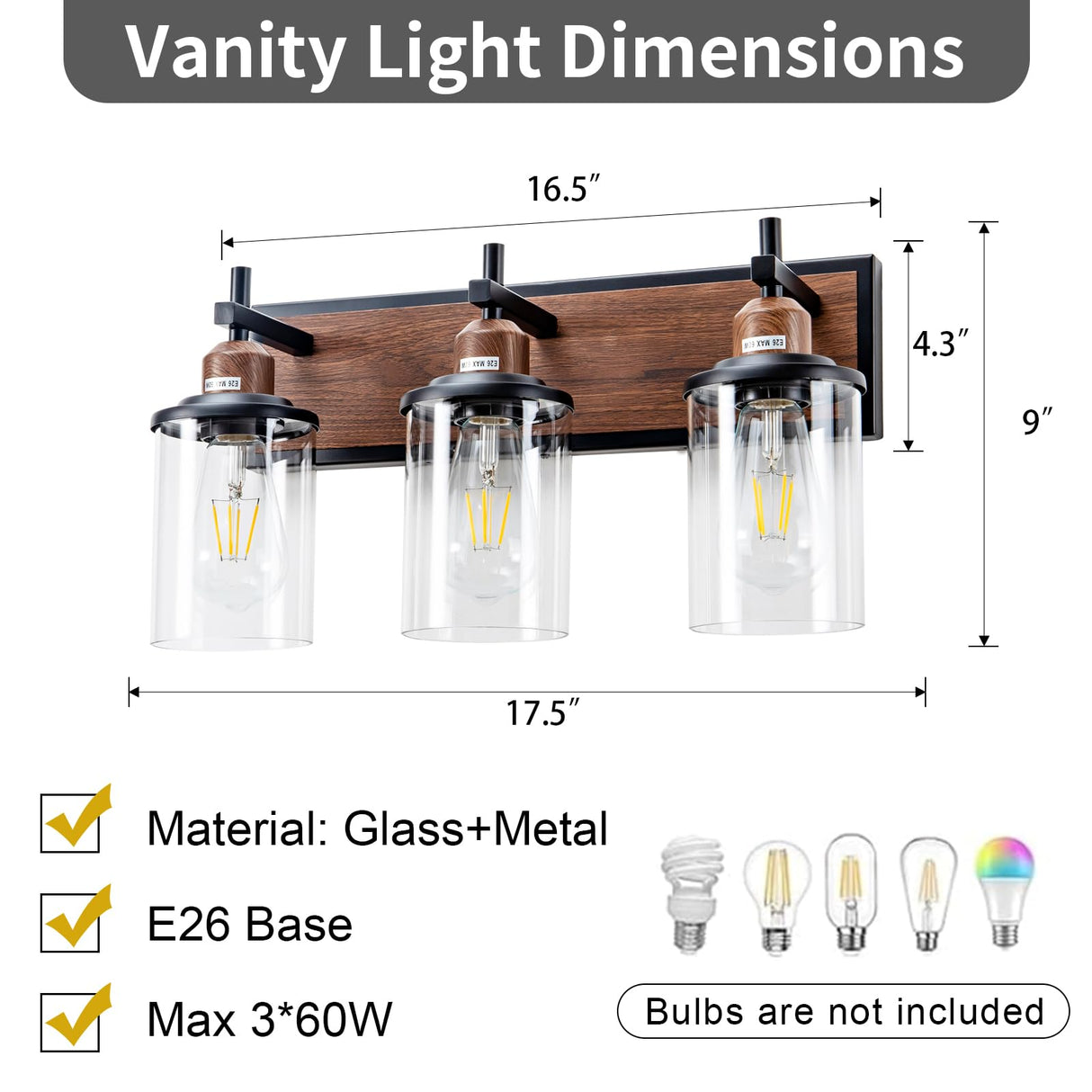 Lanhall 3-Light Farmhouse Bathroom Light Fixtures Vintage Bathroom Vanity Lights Over Mirror Black and Wood Painted Metal Vanity Light for Bathroom with Glass Shades E26 Socket Lanhall