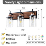 Lanhall 3-Light Farmhouse Bathroom Light Fixtures Vintage Bathroom Vanity Lights Over Mirror Black and Wood Painted Metal Vanity Light for Bathroom with Glass Shades E26 Socket Lanhall