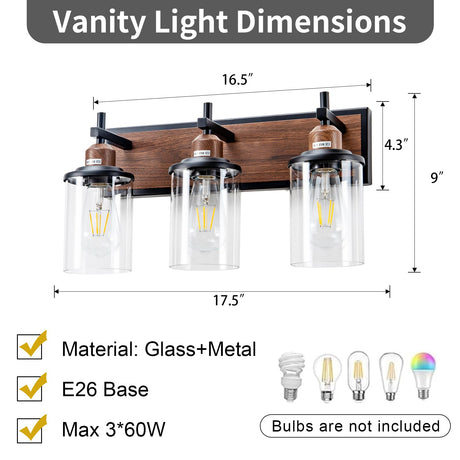 Lanhall 3-Light Farmhouse Bathroom Light Fixtures Vintage Bathroom Vanity Lights Over Mirror Black and Wood Painted Metal Vanity Light for Bathroom with Glass Shades E26 Socket Lanhall