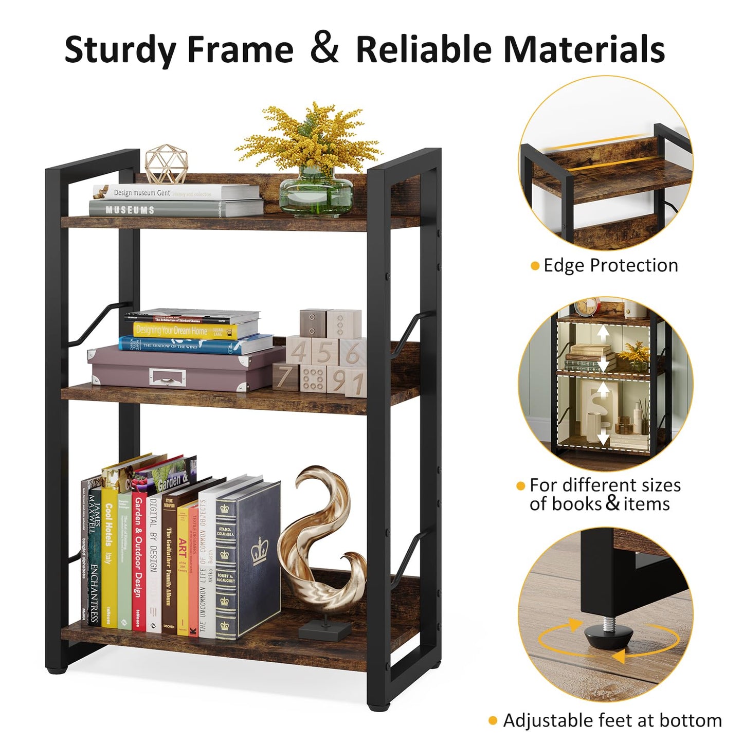 Hosfais 3-Tier Rustic Brown Wood Bookshelf with Metal Frame and Edge Protection - WoodArtSupply