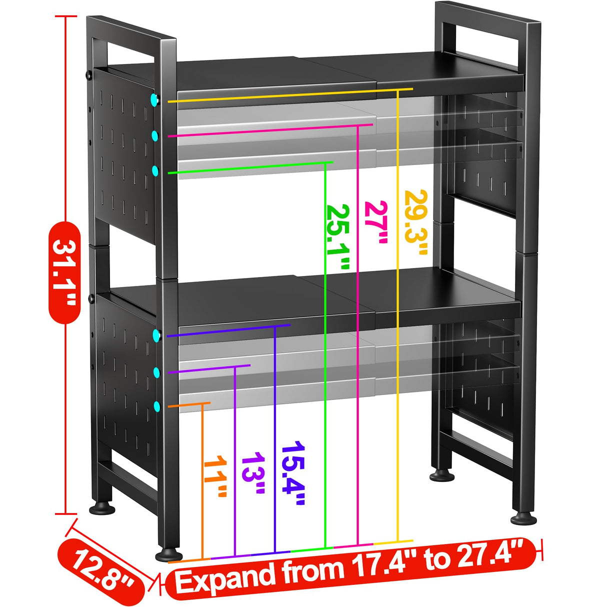 Adjustable Microwave Stand,Microwave Oven Rack Shelf Heavy Duty 3-Tier Shelf with 9 Hooks for Kitchen Shelves Counter Top Organizer, Holds 180lbs Bakers Racks for Kitchens,with Cutting Boards Stand Kitstorack