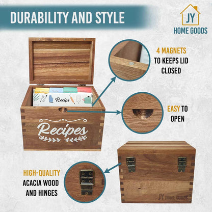 Wooden Recipe Box With Cards And Dividers - Store and Organize your Recipe Cards and Box Set, Recipe card box, Recipe Box 5x7, Recipe Organizer, Recipe Card Holder and Phone Holder (Brown) - WoodArtSupply