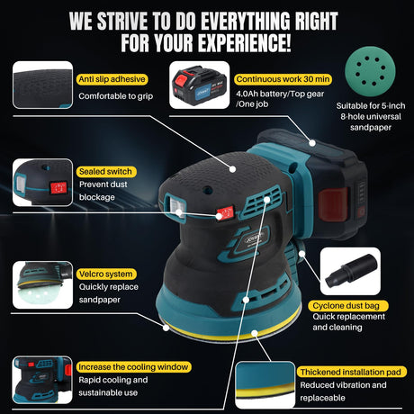 Orbital Sander with 2x20V 4Ah Batteries and 1xCharger,5 inch Variable Speed Cordless Orbital Sander, Brushless Motor Cordless Palm Sander for Woodworking, Sanding, Polishing-JOVANT jovant