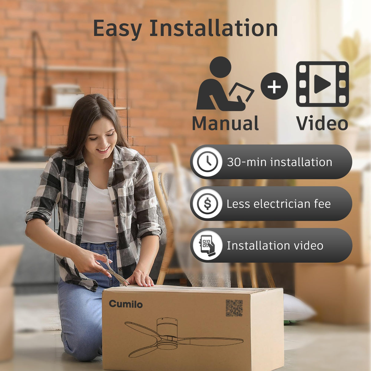 52”Smart Wood Flush Mount Ceiling Fans with Lights Remote,Quiet DC Motor,Ultra Low Profile Ceiling Fan Compatible with Alexa Google Voice App,Outdoor Indoor Modern White Ceiling Fan for Bedroom Patio cumilo