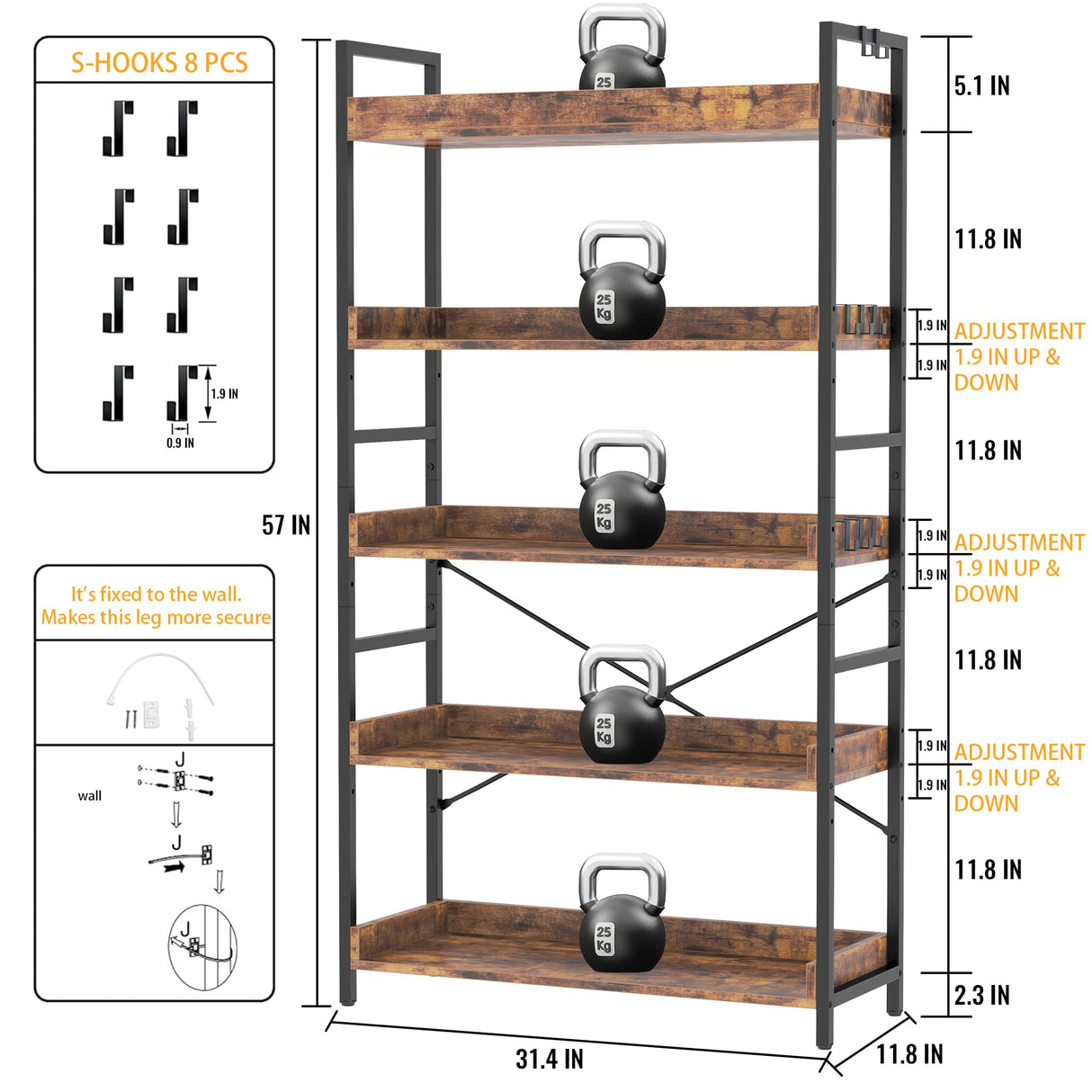 HCHQHS 5 Tier Bookshelf, Adjustable Industrial Bookcase, Vertical Tall Book Shelf, Wood and Black Metal Open Bookshelves for Home Office, Living Room, Bedroom HCHQHS