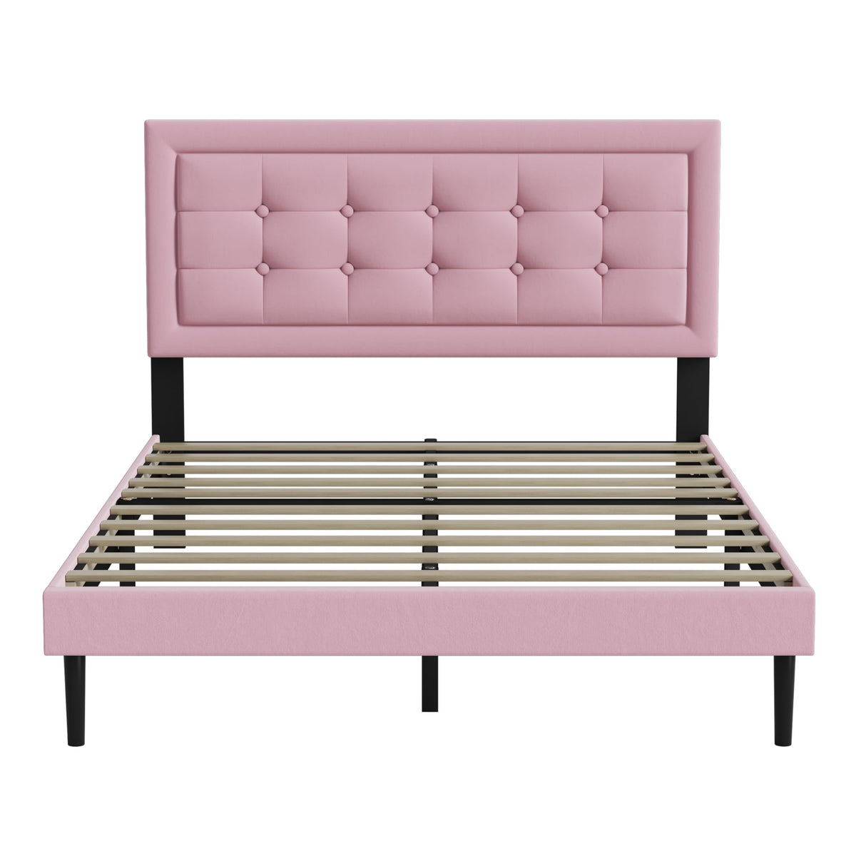 IOILORI Queen Size Upholstered Platform Bed, Queen Size Bed Frame with Tufted Button Headboard, Sturdy Frame Wooden Slats, No Spring Mattress Required, Noiseless, Easy to Assemble, Pink IOILORI