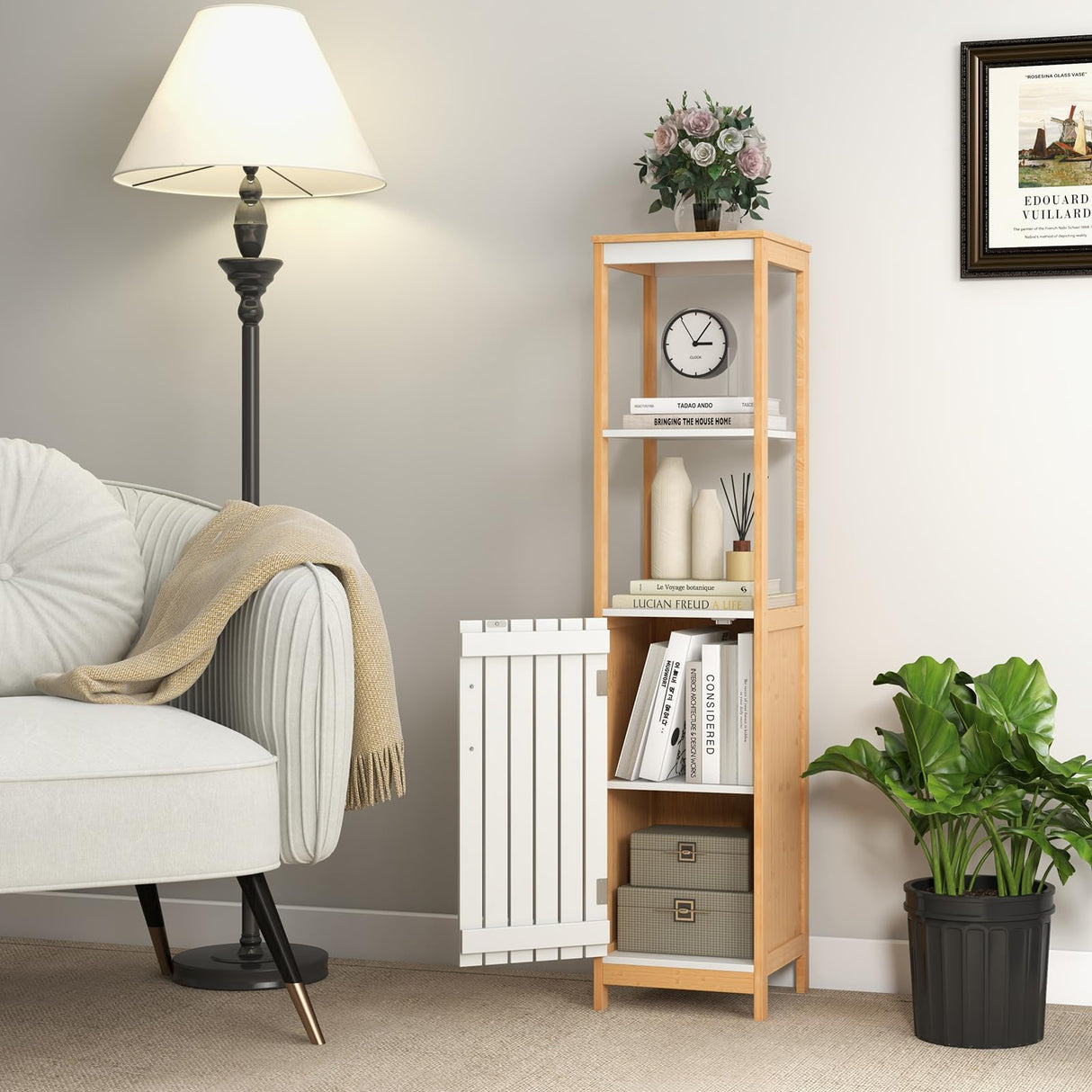 Tangkula Tall Bathroom Cabinet, Freestanding Narrow Storage Cabinet w/Door, Shelves & Adjustable Shelf, Slim Linen Tower Stand for Living Room Bathroom, 51" H, Natural Bamboo (White+Natural) Tangkula