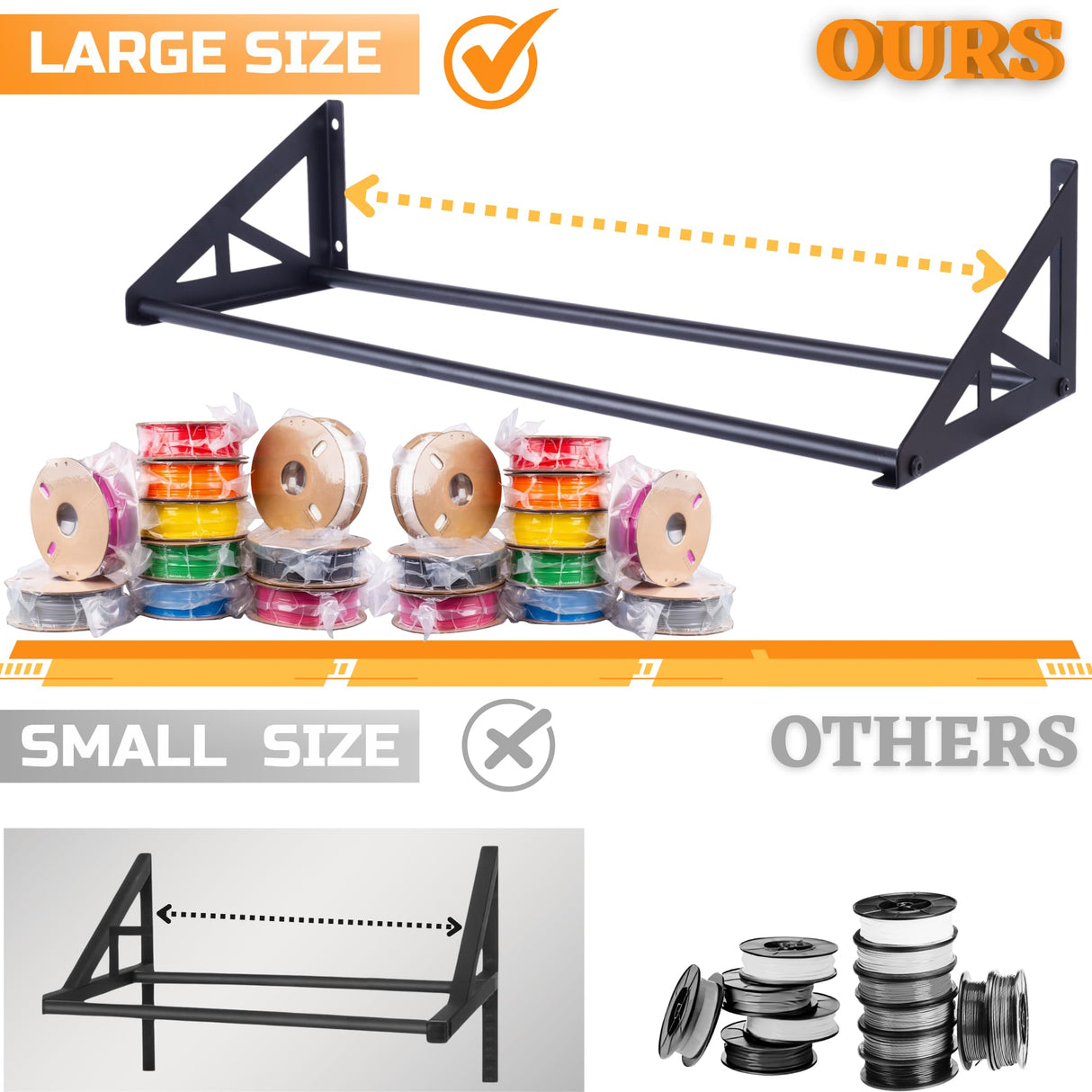 EROTASH 3D Printer Filament Storage Rack, Filament Rack Wall Mount, 3D Filament Storage Shelf, Filament Spool Holder for 3D Printer Rolls, 2 PCS Heavy Duty Metal Organizer for 3D Printing Studio EROTASH