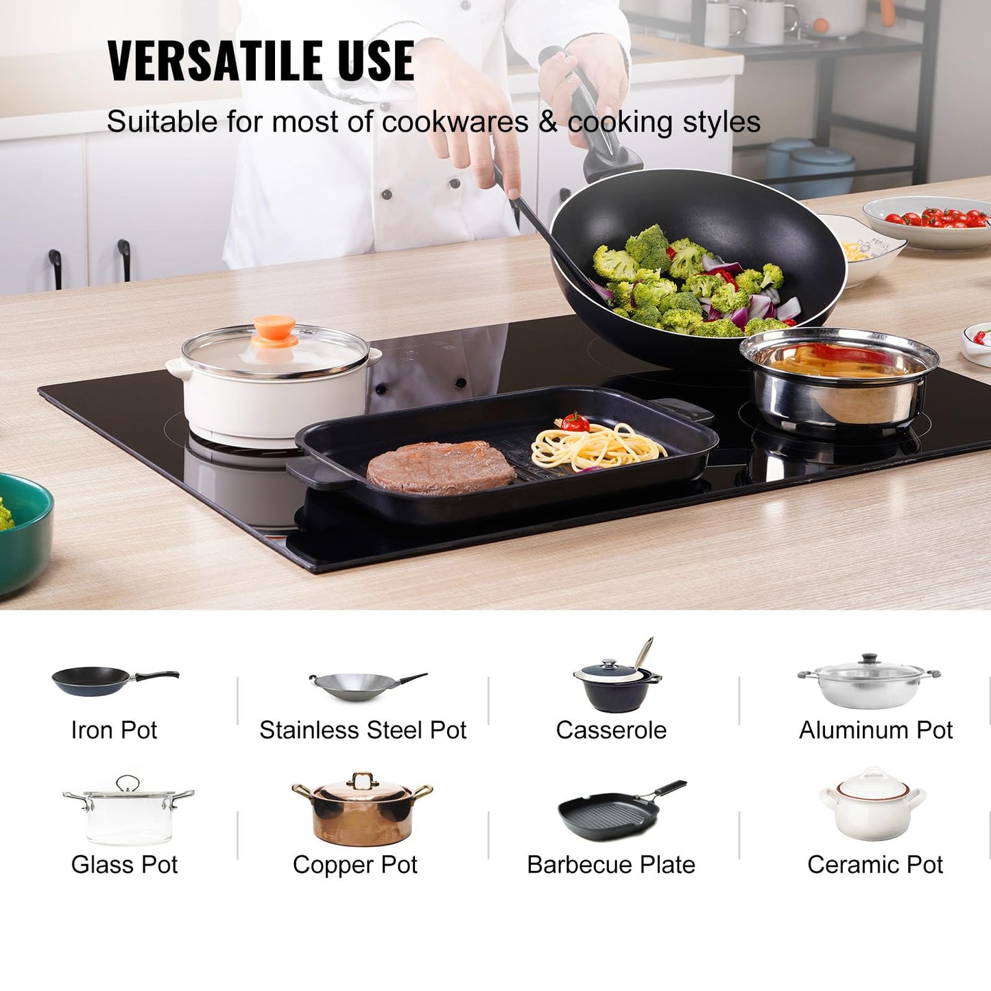 VEVOR Built in Electric Stove Top, 30 inch 4 Burners, 240V Glass Radiant Cooktop with Sensor Touch Control, Timer & Child Lock Included, 9 Power Levels for Simmer Steam Slow Cook Fry