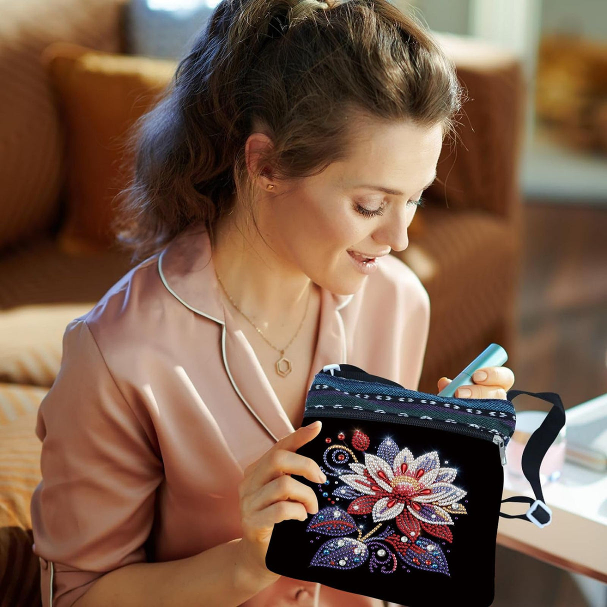 BAYUNOE DIY Diamond Crossbody Bag Diamond Art Painting Grocery Bag Black Canvas Shoulder Beach Tote Bags Single Side Diamond Shopping Bags for Women Art Craft Gift-Flower04 BAYUNOE