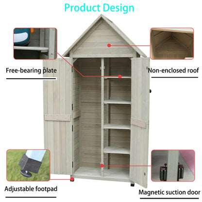 FTCBNet Outdoor Storage Cabinet with Sloping Waterproof Galvanized Sheet Roof 70" Wooden Garden Shed Lockable Tool Cabinet with 4 Removeable Shelves for Patio Backyard Lawn Yard (Gray)