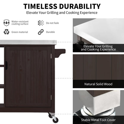 YITAHOME XL Solid Wood Outdoor Bar Table with Storage, Spice Racks, and Wheels - Versatile Portable Kitchen for Patio and Garden - WoodArtSupply