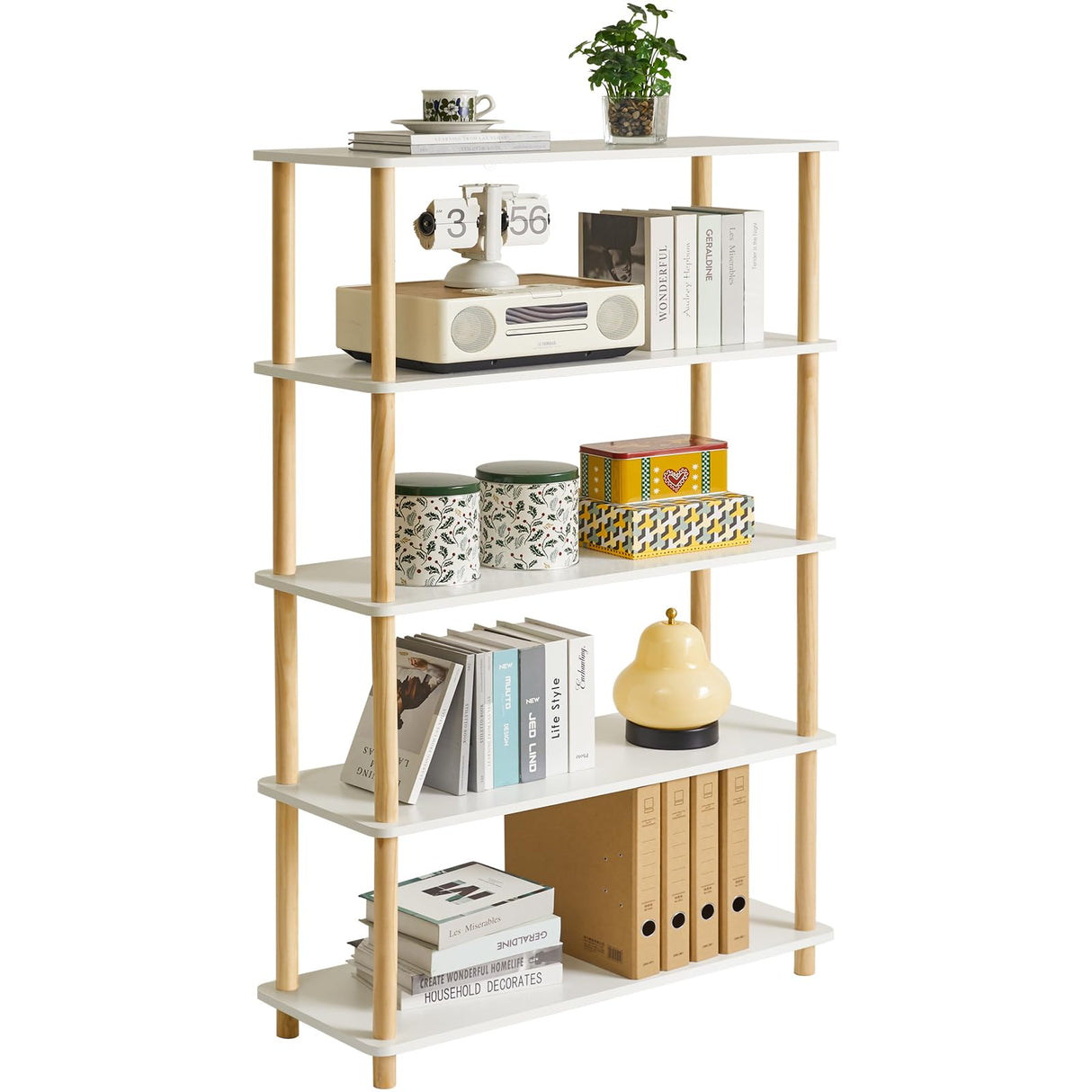 IBUYKE Modern 5-Tier Freestanding Wooden Bookcase - Stylish Multi-Purpose Organiser in White IBUYKE