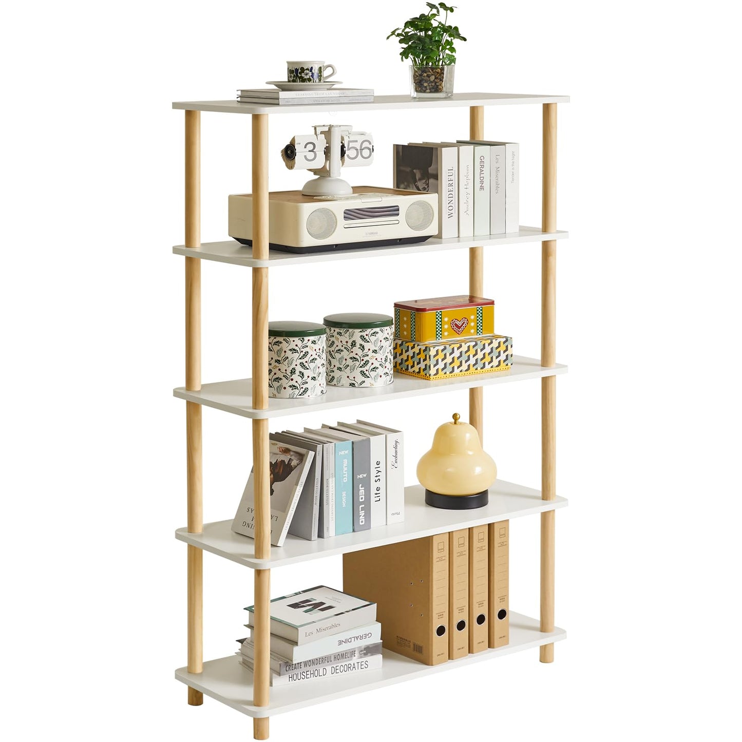 IBUYKE Modern 5-Tier Freestanding Wooden Bookcase - Stylish Multi-Purpose Organiser in White - WoodArtSupply