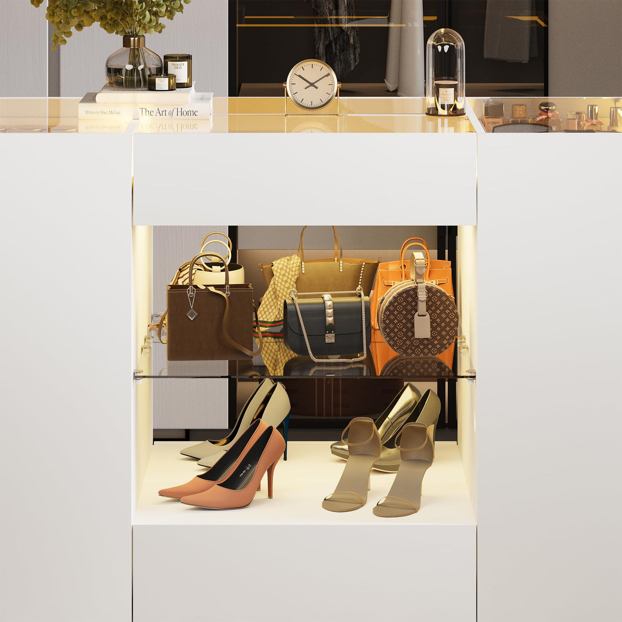 Kikihouse Modern Closet Island with 10 Drawers, LED Wardrobe Armoire Island with Glass Top, Luxury Walk-in Closet Island Storage Cabinet with Display Shelf for Cloakroom, Dressing Room (White) Kikihouse