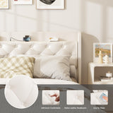 Halitaa White King Size Floating Bed Frame with LED Lights and Charging Station Halitaa