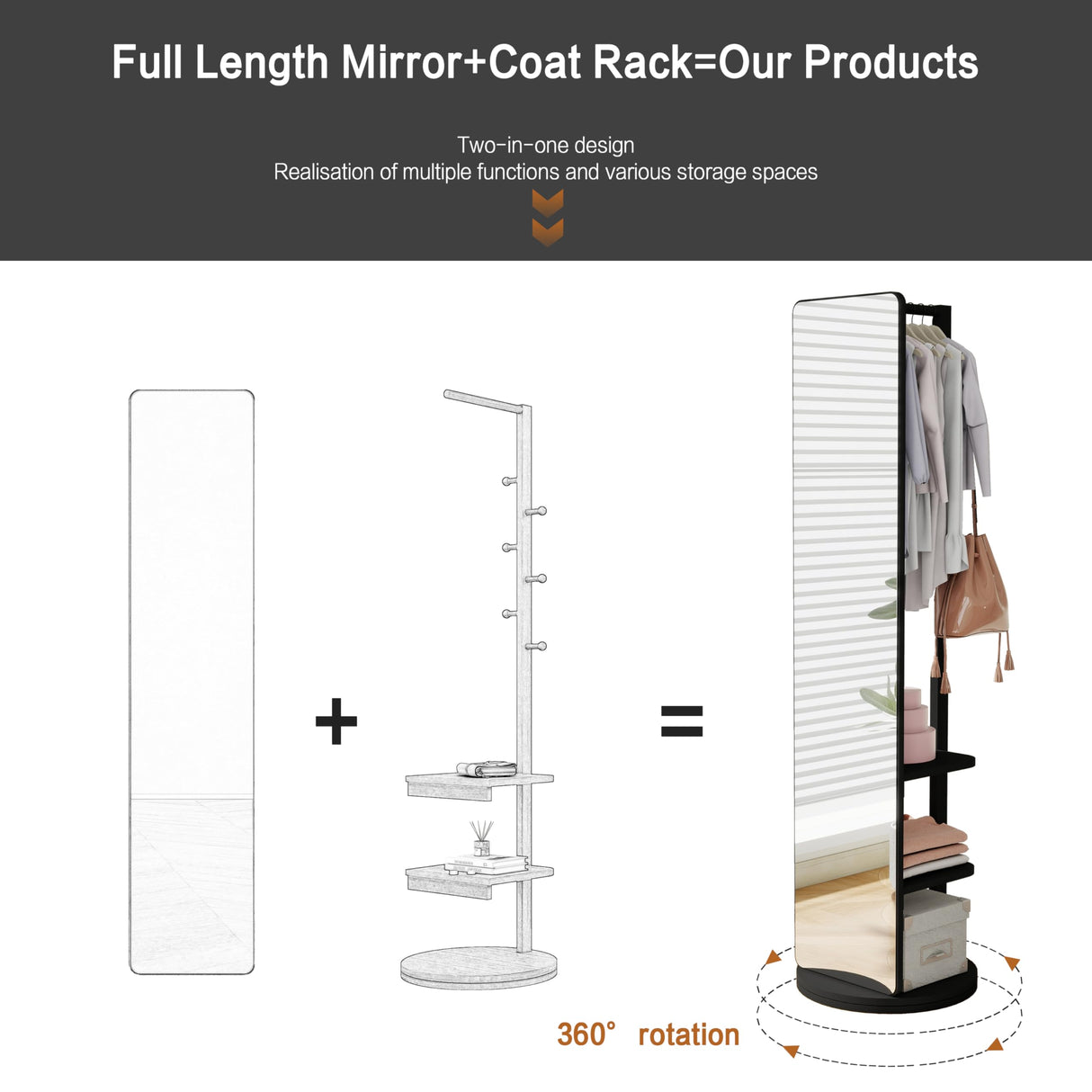 KEIKI Full Length Mirror with Cloak Rack, 68.8"x19.6" Rotatable Full Body Mirror Solid Wood Floor Mirror for Bedroom, Living Room, Dressing Room (Black) KEIKI