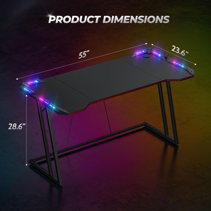 CubiCubi Gaming Desk with LED Lights, 55 Inch Z Shaped Gamer Desk, Home Game Computer Desk with Carbon Fiber Surface, Ergonomic Office PC Workstation with Cable Management, Black