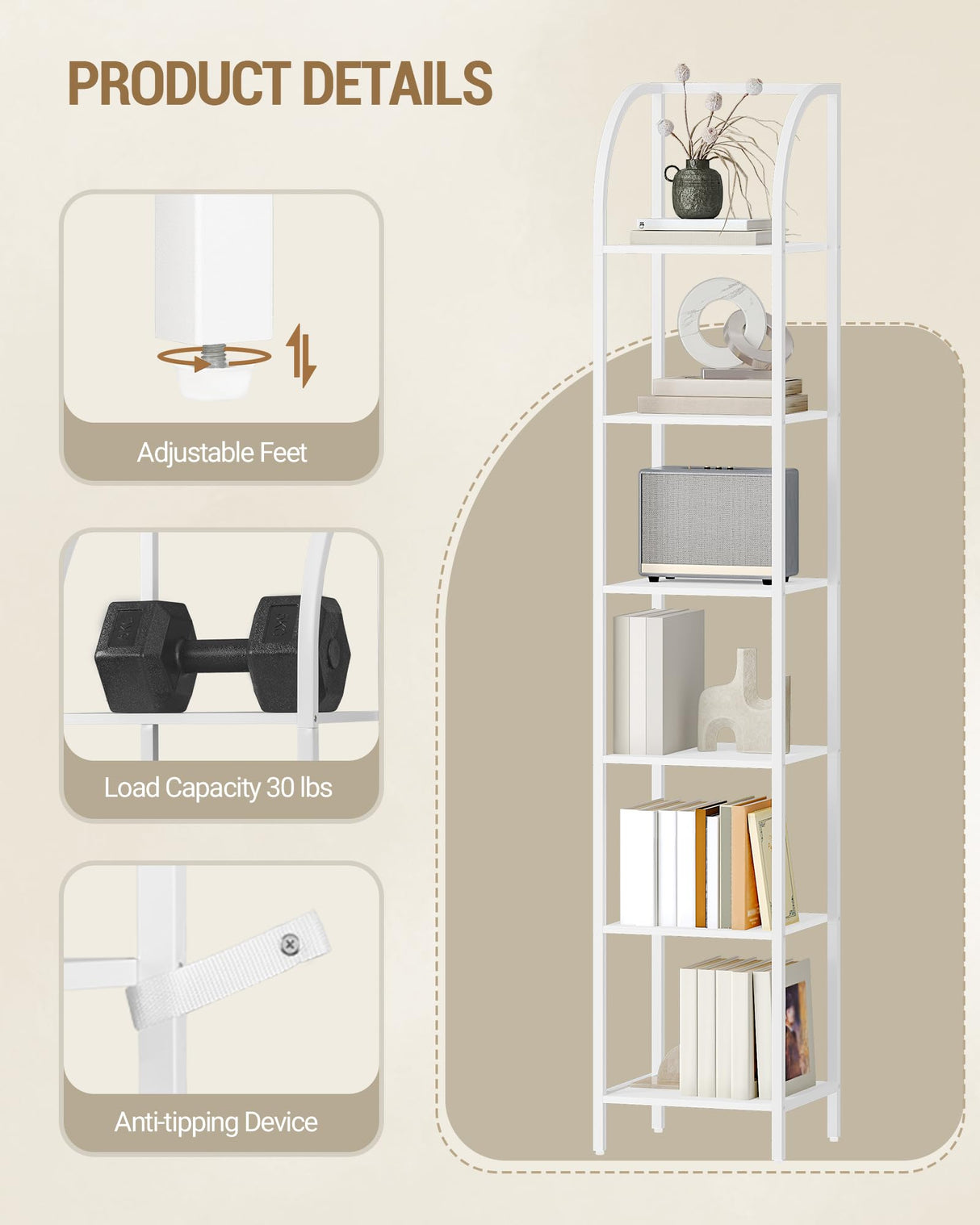 Hzuaneri Bookshelf Narrow Bookcase, Tall Storage Rack with Steel Frame, Display Standing Shelf Unit, Skinny Book Shelf for Study Living Room Home Office, Industrial Style, 6-Tier White BC56013W Hzuaneri