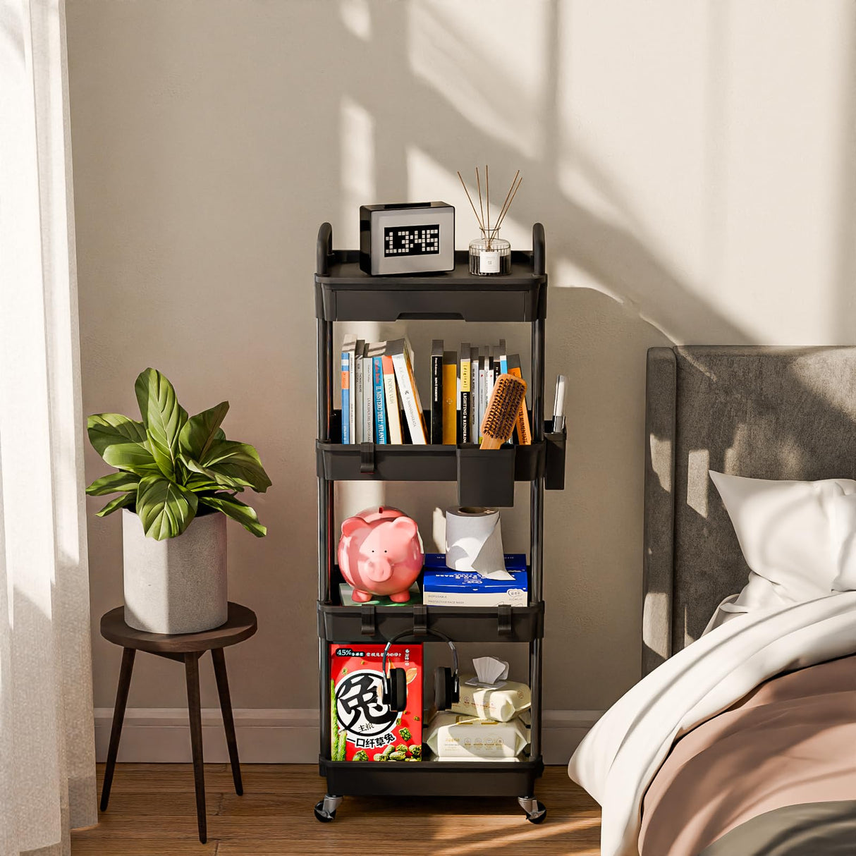 Sorgion 4 Tier Rolling Cart Organizer,Art Craft Diaper Bedside Snack Laundry Room Bathroom Organizer Narrow Thin Slim Rolling Trolley Utility Cart with Wheels for Kitchen,Office(Black) Sorgion